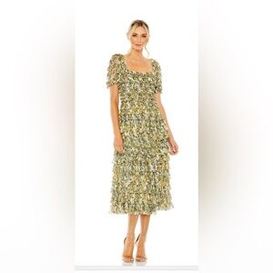 Mac Duggal #8232 Yellow Green Short Sleeve Ruffle Tea Length Dress Sz 6 NWT